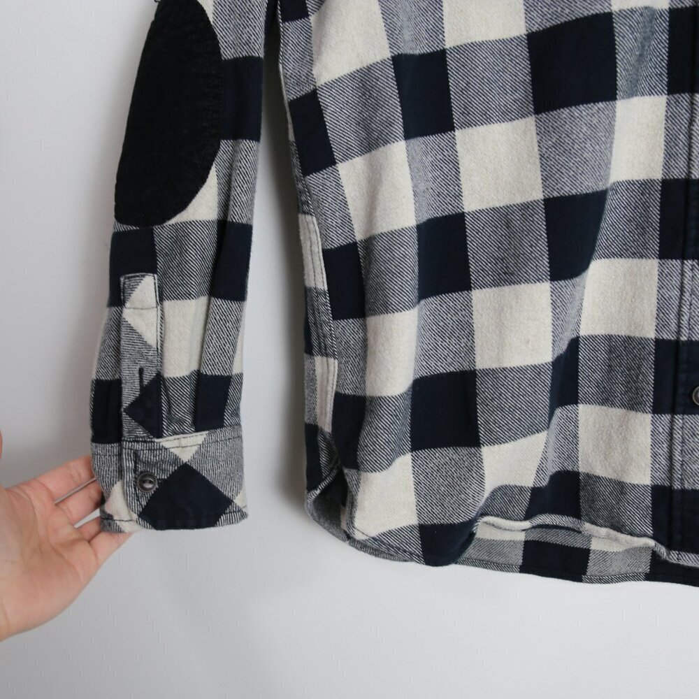 Roots Mens Plaid Elbow Patch Flannel Long Sleeve Shirt Size Small Cream Black - Picture 4 of 9